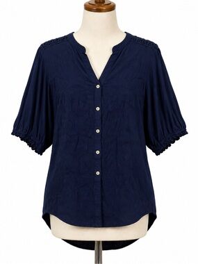 Democracy Navy Blue Embroidered Crochet Peasant Blouse Boho High Low Top